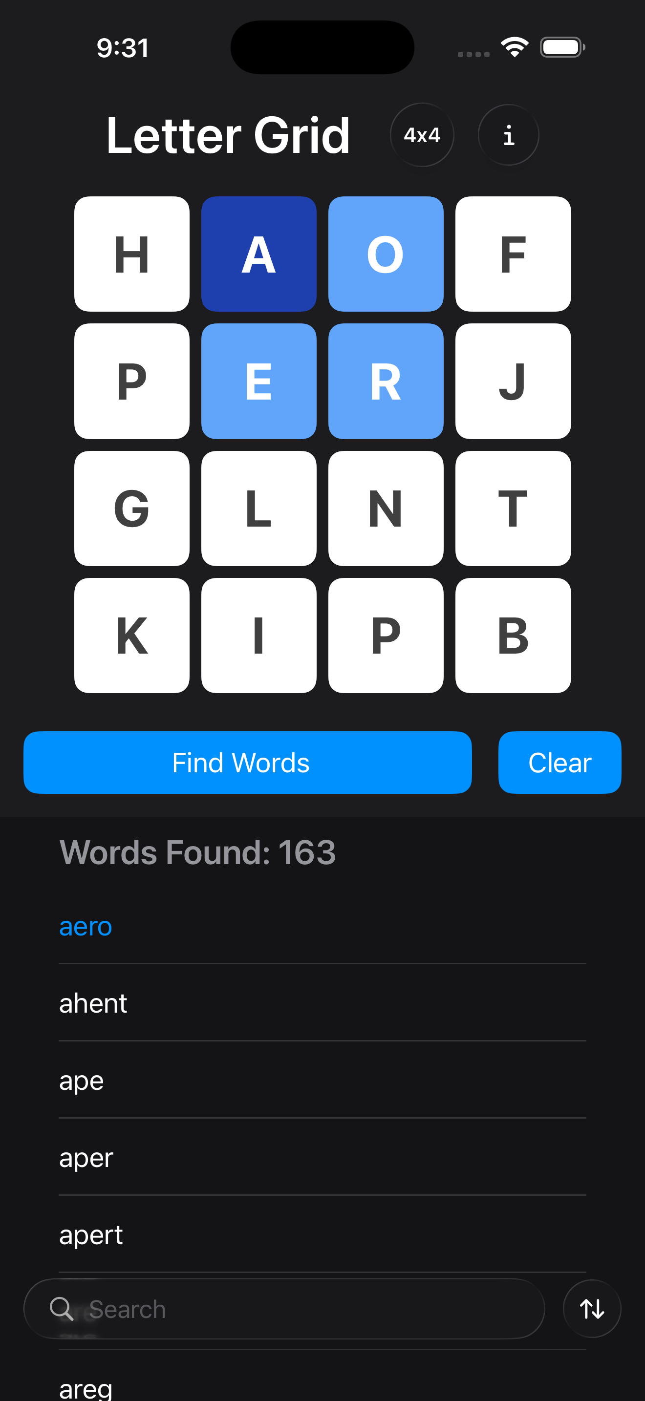 Word Hunt Solver showing 163 words found in a 4×4 grid