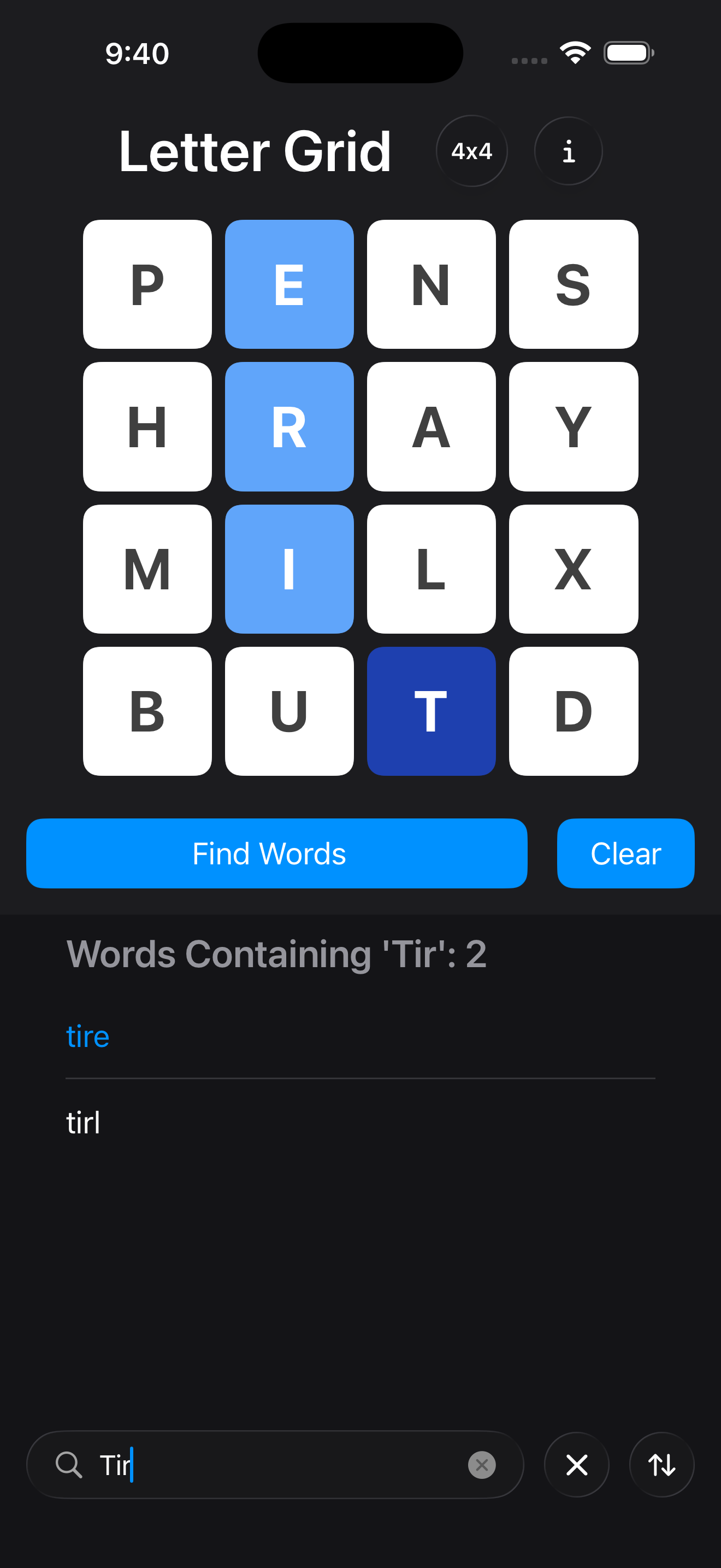 A word's path highlighted on the grid while searching for words containing certain letters