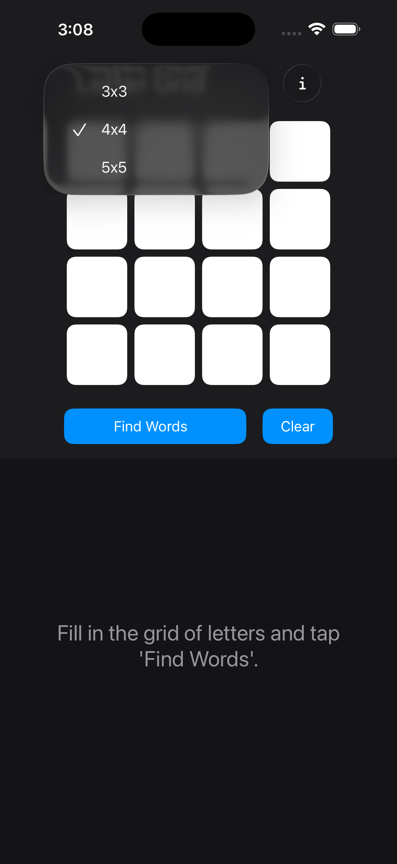 Choosing a grid size from a menu with 3×3, 4×4, and 5×5 options