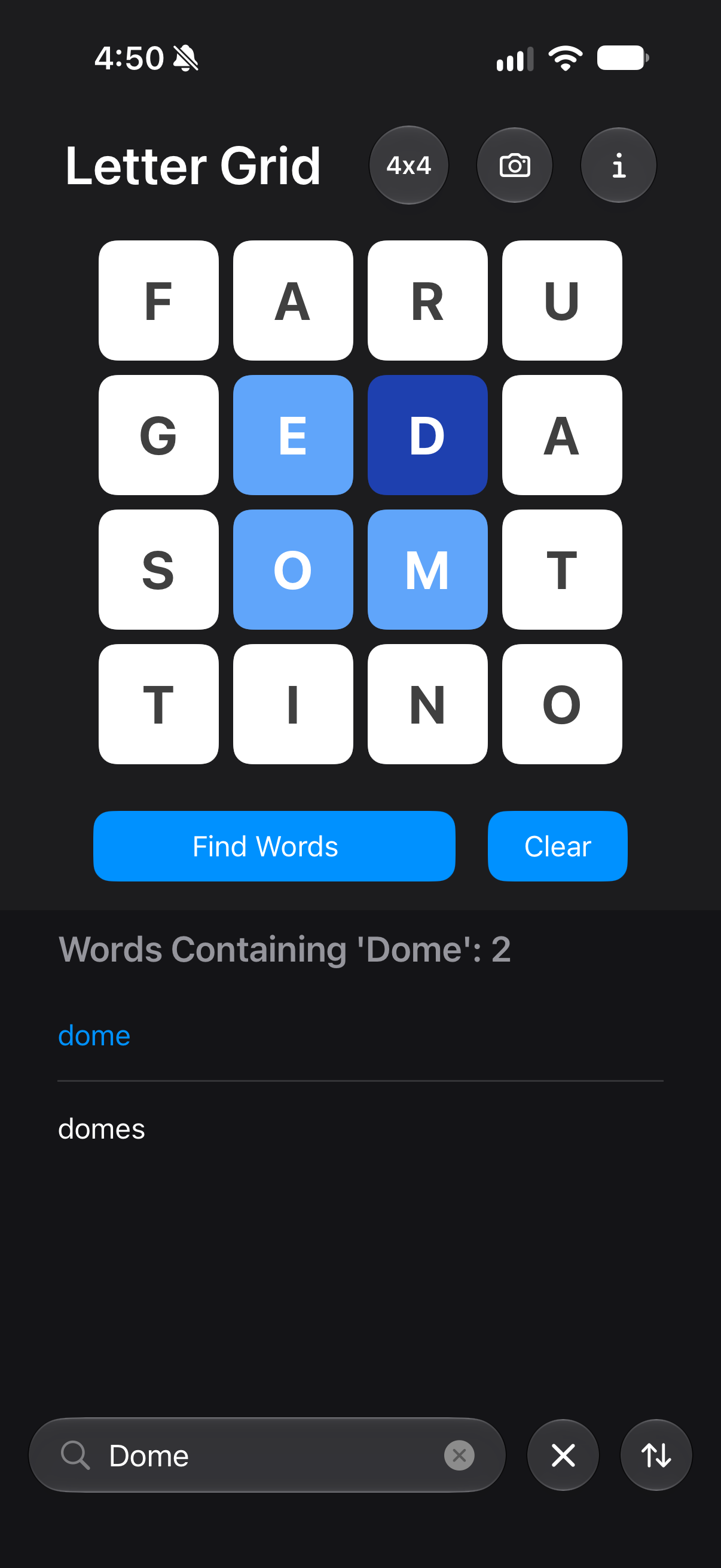 Searching the photographed board for 'Dome', with the word's path highlighted
