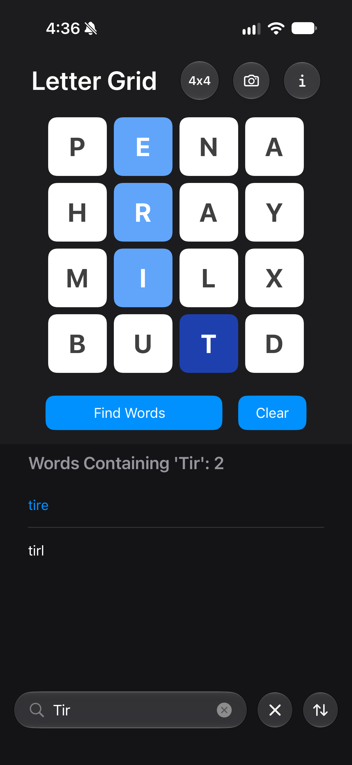 Searching for words containing 'Tir', with the path of the word tire highlighted on the grid
