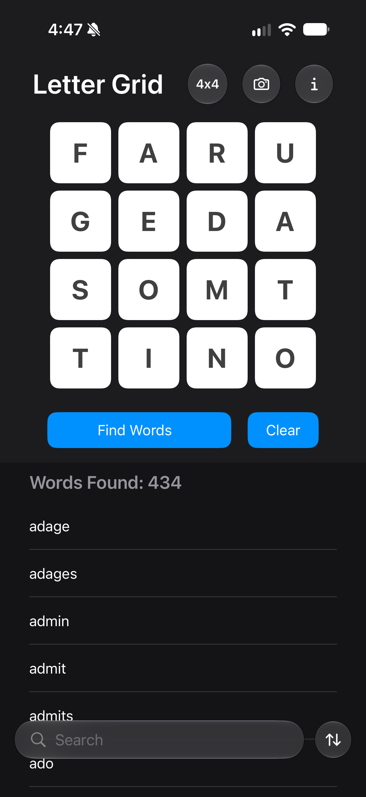The letters from the photo filled into the grid, with 434 words found