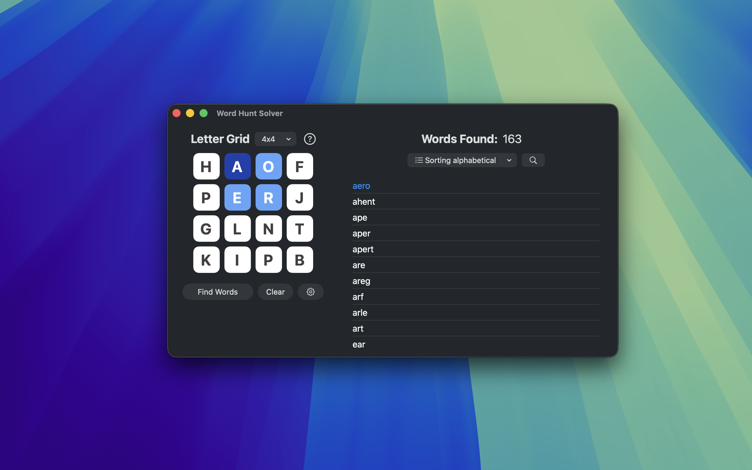 Word Hunt Solver for Mac, a two-pane window with the letter grid on the left and 163 words listed on the right